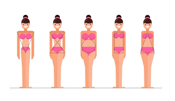 A női testek típusai. Öt számjegyű, a lányok fizikuma. Formák: fordított háromszög, körte, téglalap, alma, homokóra. — Stock Vector