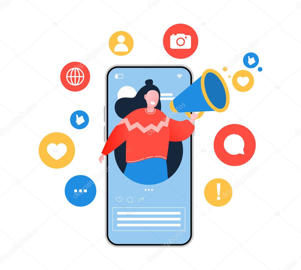 Social media influencer. Illustration with woman holding megaphone. Different social media icons.