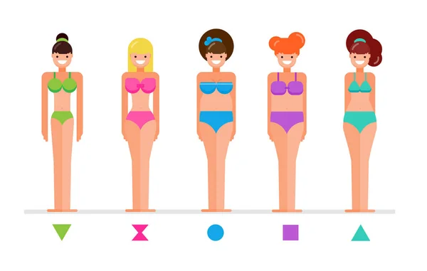 Types of female bodies. Five figures, the physique of girls. Forms: an inverted triangle, a pear, a rectangle, an apple, an hourglass. — Stock Vector
