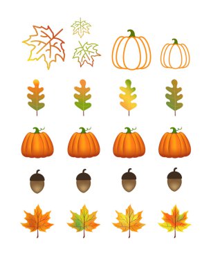 Sonbahar seti. Dekoratif sonbahar yaprakları, böğürtlen, meşe palamudu. Renkli yeşil