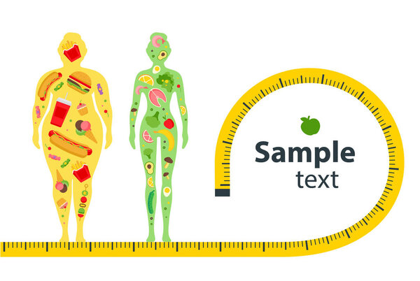 Концепция потери веса. До и после диеты и фитнеса. Толстая и худенькая женщина. Здоровый образ жизни, здоровое питание и ежедневная рутина. Диета. Бланшировать пространство для вашего контента, искушать.