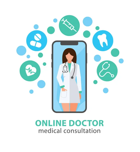온라인 의사 개념. 의약품 휴대 전화 앱. — 스톡 벡터