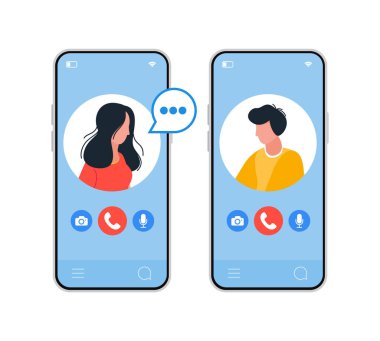 Telefondaki arkadaşlık videosu. Erkek ve kız ekranda, ekrana verin. Mobil iletişim uygulaması.