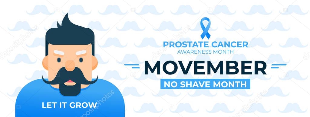 Movember, prostate cancer awareness month. Mens health concept. ribbon and moustache.