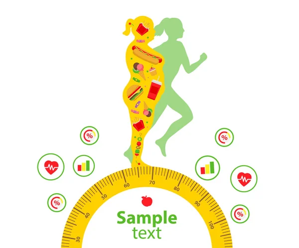 Perder peso. La influencia de la dieta en el peso de la persona. Mujer joven antes y después de la dieta y la aptitud. Mujer gorda y delgada. Espacio en blanco para su contenido, plantilla. — Archivo Imágenes Vectoriales