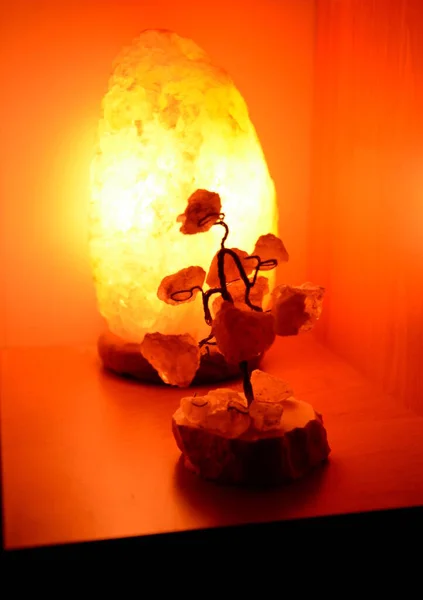 Salt tree and lighted salt lamp in the interior decor