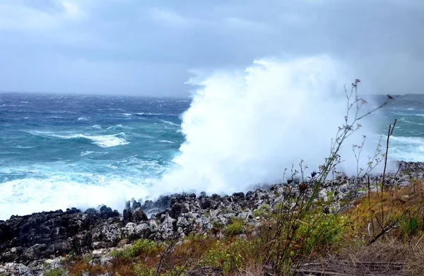 Stormy sea with high waves hitting the rocky shore
