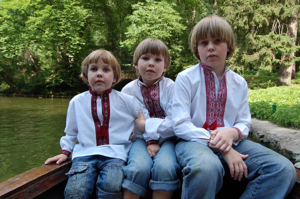 Três Meninos Irmãos Camisas Ucranianas Bordadas Juntos Retrato — Fotografia de Stock