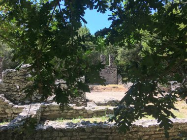 Arnavutluk 'ta yazın ağaçlar arasında antik bir kalenin kalıntıları