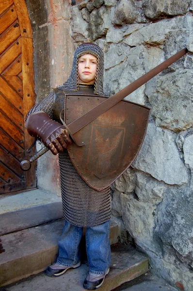 Portrait Boy Dressed Medieval Knight Costume — Stock Photo, Image