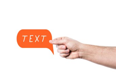 El yazısı harfleriyle konuşma baloncuğu tutan bir adam. Fotoğraf ve renkli düz çizim. Beyaz arkaplanda izole