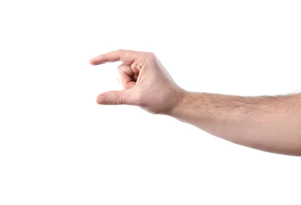 Människans Hand Mäter Osynligt Objekt Isolerad Vit Bakgrund — Stockfoto