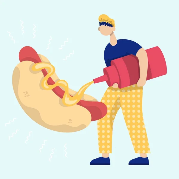 Muž Zalévající Hořčici Hot Dogu Barevný Vektor Ploché Kreslené Ikony — Stockový vektor