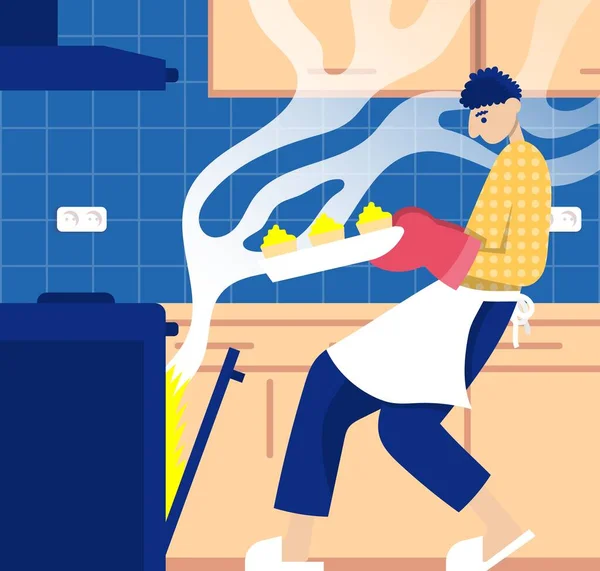 Mann Holt Cupcakes Aus Dem Ofen Kochprozess Der Küche Farbvektor — Stockvektor