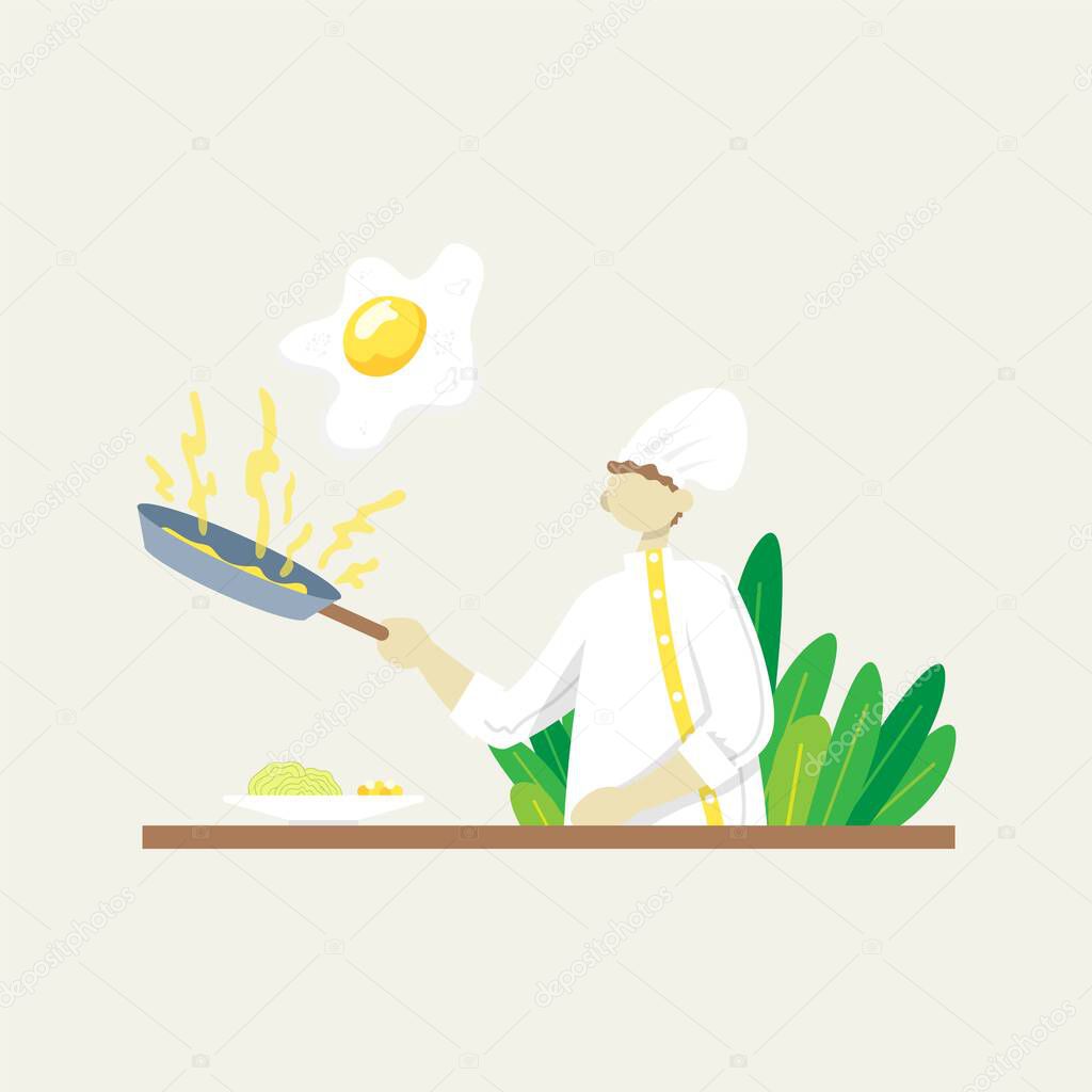 Chef fries scrambled eggs. Color vector flat cartoon icon.
