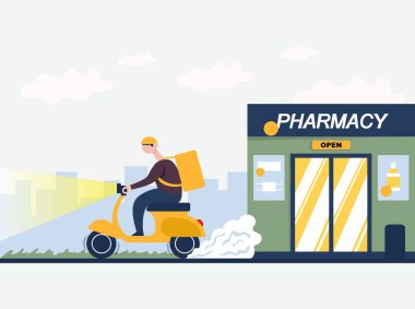 Scooter 'daki kurye eczaneden bir paket getiriyor. Web için düz vektör renk çizgi film çizimi