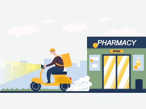 Corriere su uno scooter consegna un pacchetto da una farmacia. Illustrazione piatta del fumetto a colori vettoriale per il web — Vettoriale Stock