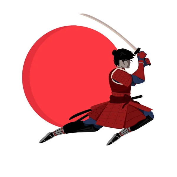 Samurai Japonés Saltando Ilustración Dibujos Animados Planos Vectoriales Color Aislados — Vector de stock