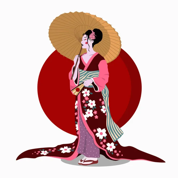 Mujer Kimono Con Paraguas Ilustración Dibujos Animados Planos Vectoriales Color — Vector de stock