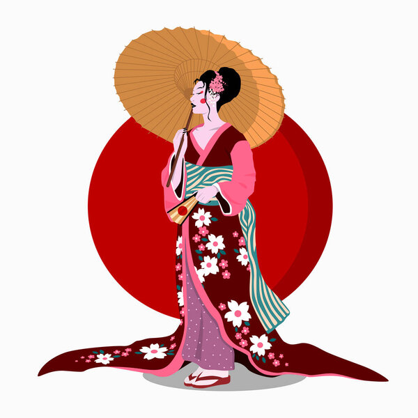 Woman in kimono with umbrella. Color vector flat cartoon illustration isolated on red sun.