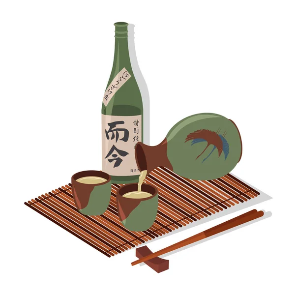 Sake Glas Flasche Essstäbchen Bambusmatte Und Japanische Kalligrafische Hieroglyphe Vektor — Stockvektor