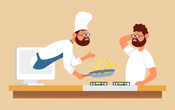 Laptom 'dan şefle yemek pişirme işlemi başlatıldı. İnternette dizüstü bilgisayardan yemek tarifi izliyorum. Renkli vektör düz çizgi film ikonu. Gıda blogcusu ve İnternet dersi kavramı.