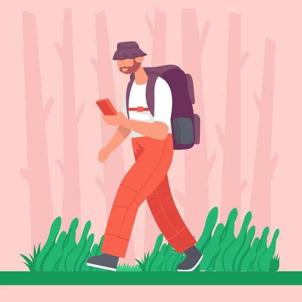 Gars Avec Sac Dos Avec Téléphone Dans Les Mains Pendant — Image vectorielle