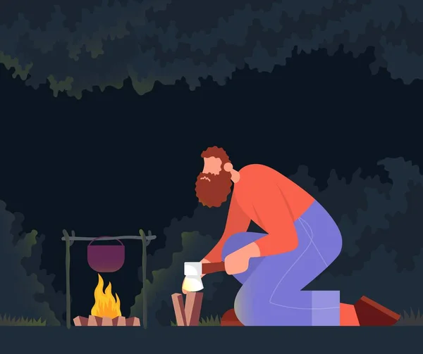 Человек Рубит Дрова Костра Лесу Ночью Цветная Плоская Векторная Иллюстрация — стоковый вектор