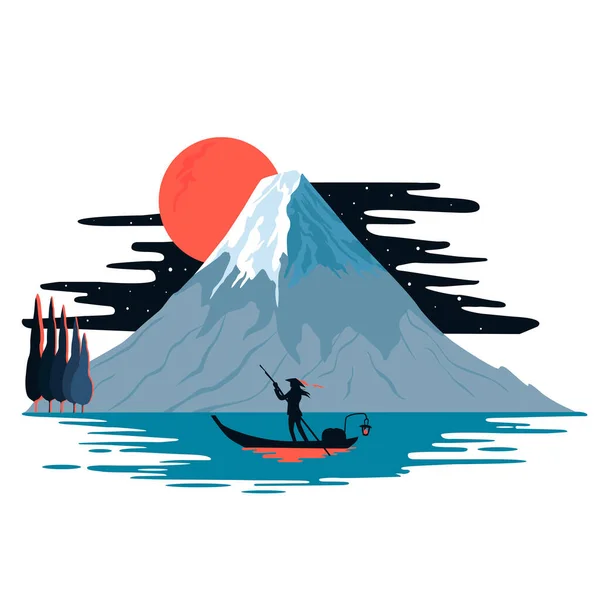 富士山の眺め 漁師がボートに乗ってる 白い背景に隔離されたカラーベクトルフラット漫画イラスト 日本のコンセプト — ストックベクタ