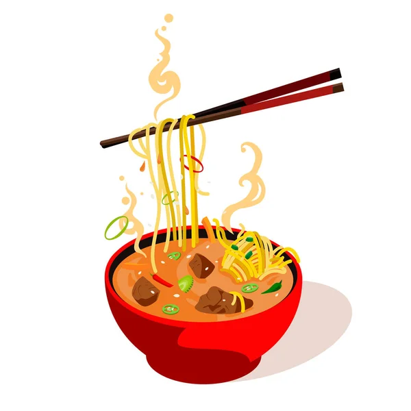 Asian Soup Plate Chopsticks Vector Color Flat Cartoon Illustration Isolated — Stock Vector