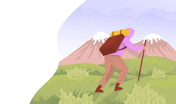 Viajero Sube Las Montañas Concepto Senderismo Aire Libre Dibujos Animados — Vector de stock