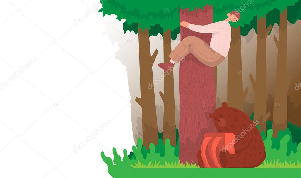 Tourist climbed a tree from a bear, a animal sits with a backpack. Color cartoon flat vector illustration. Lifestyle concept outdoor activity.