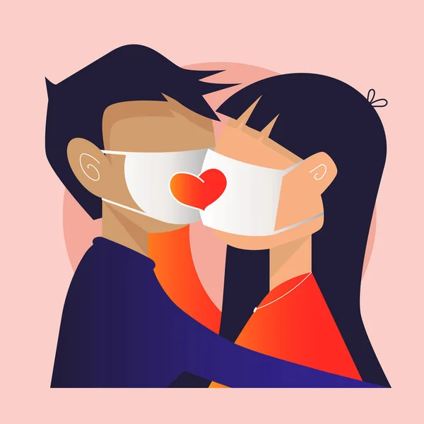Couple Masque Médical Baiser Vue Face Silhouette Des Gens Icône — Image vectorielle