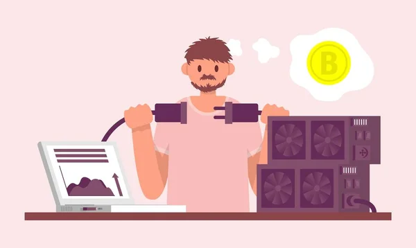 Adam madencilik çiftliğini laptopa bağlıyor. Ön manzara. Renkli vektör düz çizgi film çizimi. Yatırım sektörü, kripto para birimi, altın bitcoinler. Sanal para ve finans teması.
