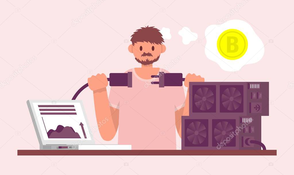 Man connect mining farm with laptop. Front view. Color vector flat cartoon illustration. Concepts for investment business, cryptocurrency, golden bitcoins. Virtual money and finance theme.