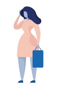 El çantası tutan kadın. Yürüyen siluetler. Yan görüş. Beyaz arkaplanda izole edilmiş vektör rengi çizgi film düz simgesi.