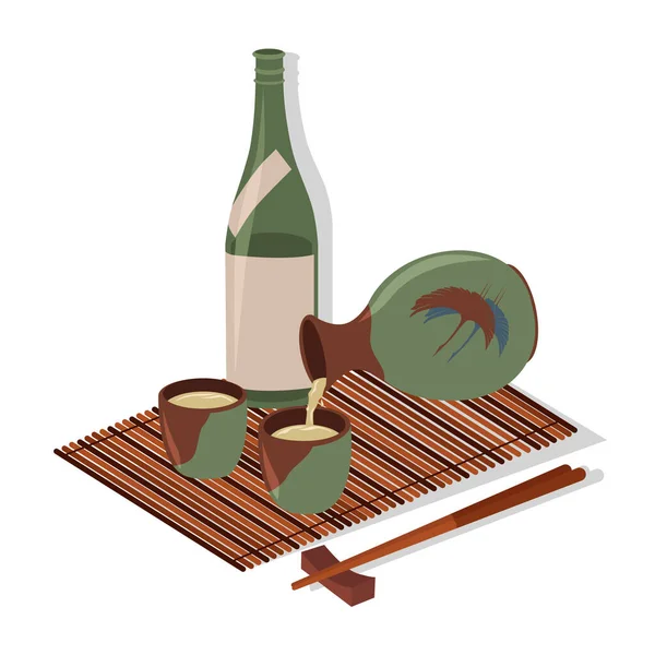 Sake Glas Flaska Ätpinnar Bambu Matta Vektor Färg Platt Tecknad — Stock vektor