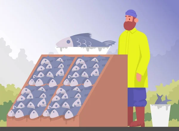 Venditore Pescatori Negozio Pesce Illustrazione Del Fumetto Vettoriale Colori — Vettoriale Stock