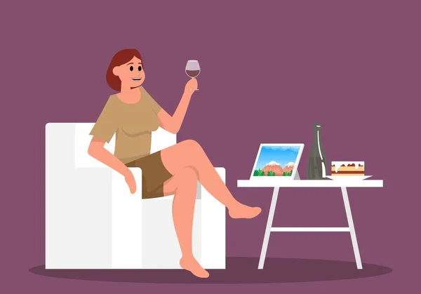 Mujer Mirando Tableta Con Vista Naturaleza Beber Vino Copa Ilustración — Archivo Imágenes Vectoriales