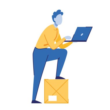 Adamın elinde dizüstü bilgisayar ve ayağının altında bir paket var. Düz vektör simgesi.