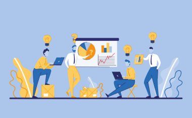 İş adamları yeni bir fikir üzerinde çalışıyor. Renkli vektör çizgi film illüstrasyonu.