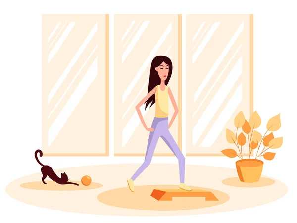En smal kvinna med katt som gör gymnastik. Färg vektor platt tecknad illustration. — Stock vektor