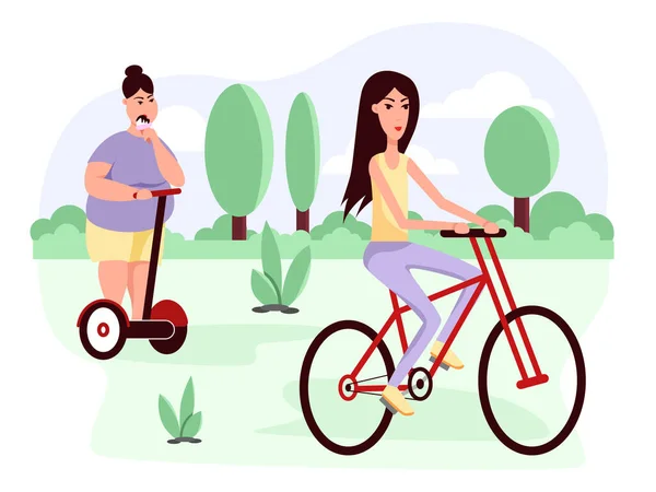 Mujeres delgadas y gordas montar scooter y bicicleta. Vector plano icono de dibujos animados de color — Vector de stock