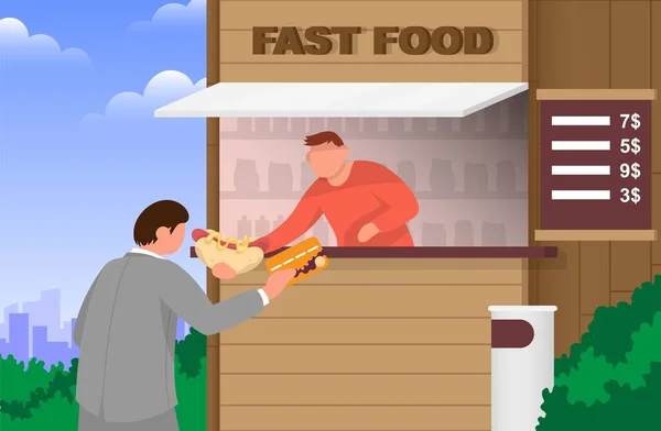 Il venditore allo stand fast food dà hotdog. Icona a colori vettoriale del fumetto piatto. — Vettoriale Stock