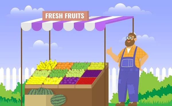 Frutta in negozio di agricoltori. Illustrazione del fumetto vettoriale a colori. Concetto alimentare. — Vettoriale Stock