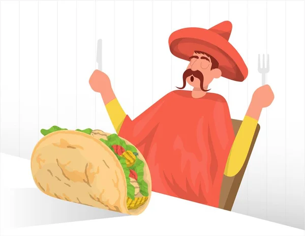 Geleneksel Meksika elbisesi giyen bir adam büyük taco yer. Poster, menü, web için vektör düz illüstrasyon