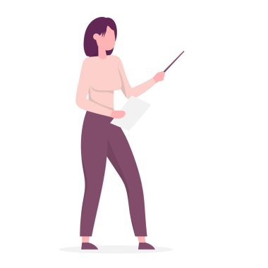 Bir kadın bir işaretçiyle sunum yapıyor. Yan görüş. Renkli çizgi film vektör çizimi. Beyazda izole edilmiş.