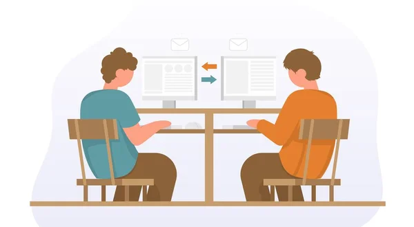商人们坐在办公桌前的办公椅上 他们看着显示器 在键盘上打字 彩色矢量卡通画 伙伴关系中的业务团队解决方案的概念 背景色 — 图库矢量图片