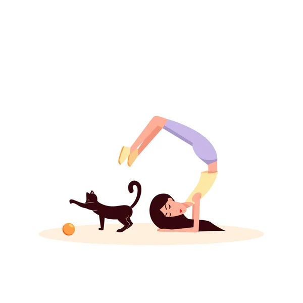 体操をする女性 彼女の近くに猫の遊び場ボール 白に隔離されたカラーベクトルフラット漫画イラスト 健康的なスポーツライフスタイル — ストックベクタ