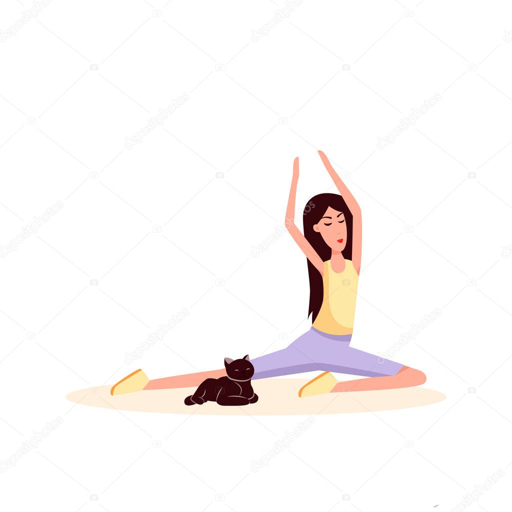 Woman and cat doing gymnastics. Color vector flat cartoon illustration isolated on white.. Color vector flat cartoon illustration isolated on white. Healthy sport lifestyle